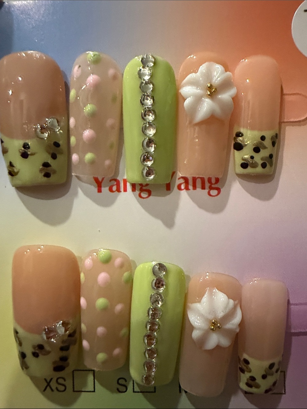Green & Pink 3D Floral handmade acrylic press on Nail Set for Women